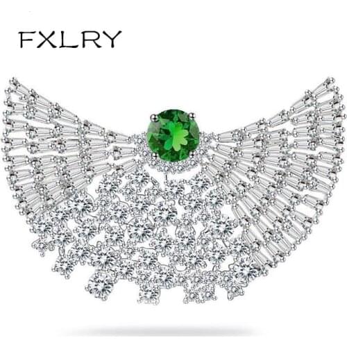 FXLRY New Arrive Personality Fashion Women White Color AAA Cubic Zircon Fanshaped Shape Brooche Pins Sweater Coat Accessories