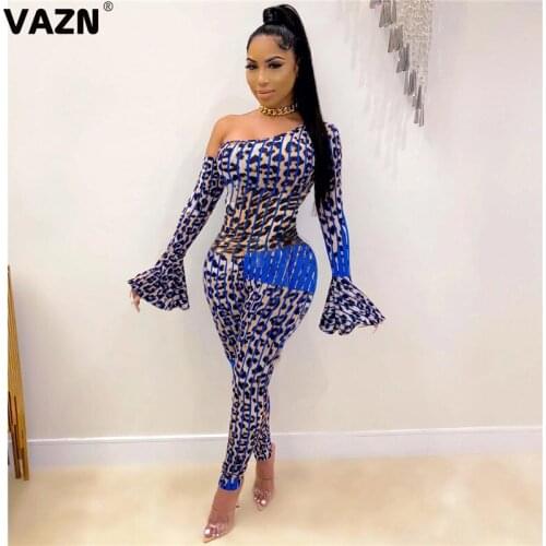 VAZN 2020 Autumn Sexy Night Club Special Retro Full Sleeve One Off Shoulder Skinny Women High Waist Long Pencil Jumpsuits