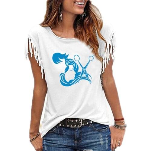 2021 New High Quality Hair Salon Stylist Hairdresser Barber print Cotton Tassel Short Sleeve O collar T Shirts Women T-shirt