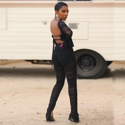 BKLD Sexy 2 Piece Outfits Women Off The Shoulder Long Sleeve Tops And Pants Mesh Set See Through Two Piece Matching Set Women