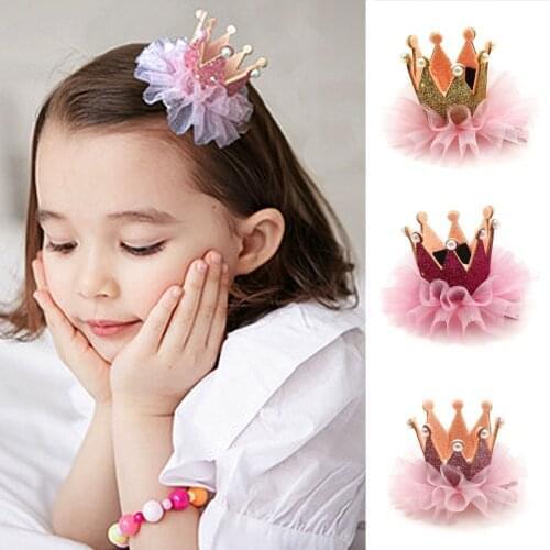 Korean Childrens Hairpin Headdress Girl Princess Mesh Head Flower Stereo Crown Rhinestones Hair Clip Birthday Gifts Accessories