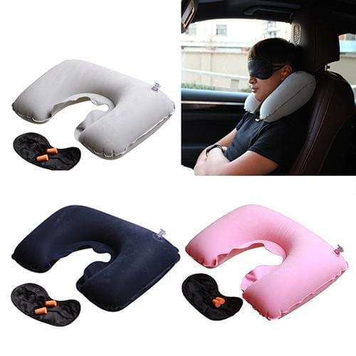 Travel Inflatable Neck Rest Air Cushion U Shaped Pillow + Eye Mask + Ear Plugs