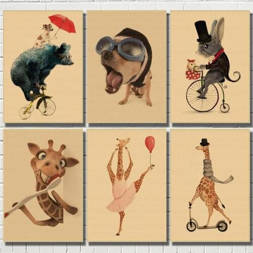 Interesting Giraffe Panda ycling Vintage Kraft Paper Classic Poster Bar Cafe Living Room Dining Wall Decorative Paintings