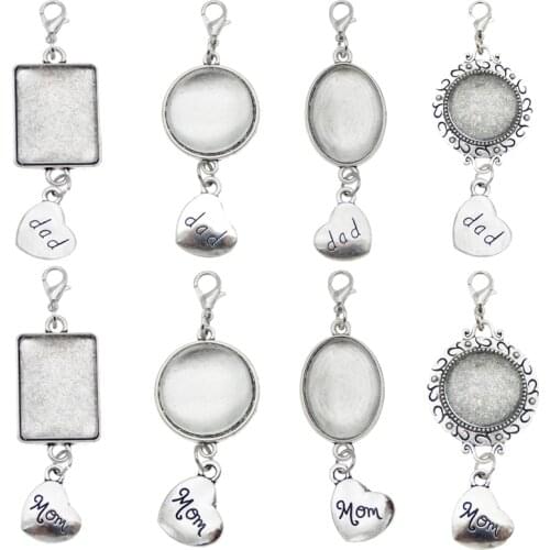Julie Wang 1 Set Cabochon Setting+Glass Charm Blank Geometric Tray Photo Memorial Dad Mom Keychain Jewelry Making Accessory