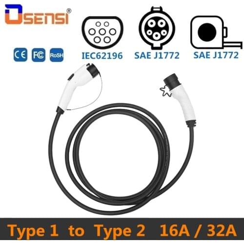 OSENSI 16A 32A EV Charger Cable Type 1 to Type 2 Connector for Electric Vehicle Charging Station Plug SAE J1772 to IEC 62196