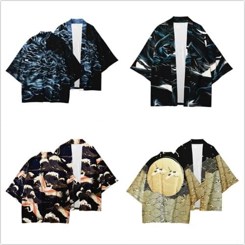 Japanese Kimono shirt Cardigan Men Summer Streetwear Batwing Sleeve Funny Hip Hop 3D Kimono Cool Samurai Crane Printed Clothing