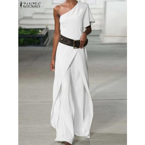 Feminino Fashion Sexy One Shoulder Sleeve Playsuits Asymmetrical Ruffles Solid Women Jumpsuits ZANZEA Overalls