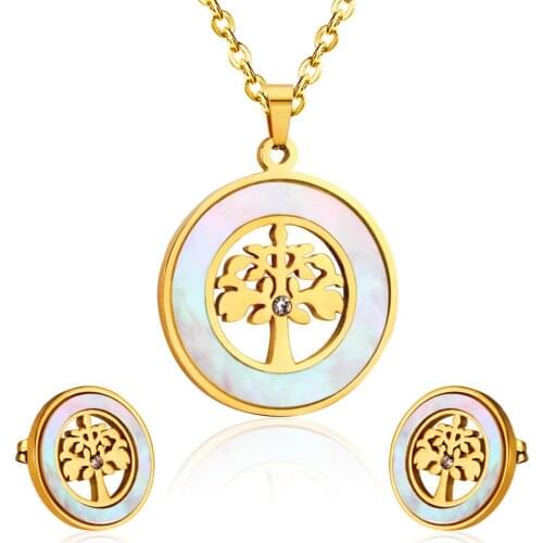 LUXUKISSKIDS Gold Stainless steel Shell African Wedding Dubai Bridal Jewelry set Indian Tree Necklace Earrings Jewellery Set