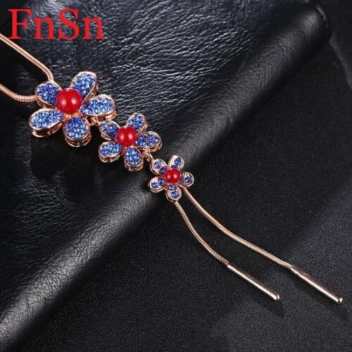 Fnsn Fashion Womens NecklacesJewelry TrendyCharms Crystal flower Necklace Gold link Chain Plant Necklaces&Pendants 2017Hot Sale
