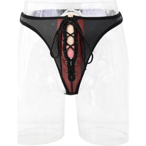 Mens Patent Leather Panties,Sexy Three-Buckle Belt Penis Male Chastity Shorts BDSM Bondage Panty Fetish Cosplay Accessories