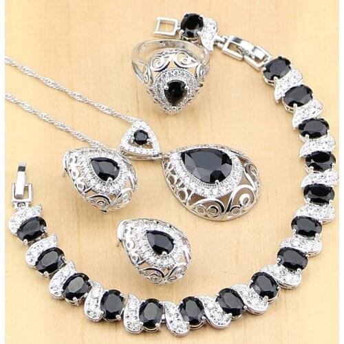 925 Sterling Silver Jewelry Black Stone White CZ Jewelry Sets For Women Earrings Pendant Rings Bracelet Necklace Set