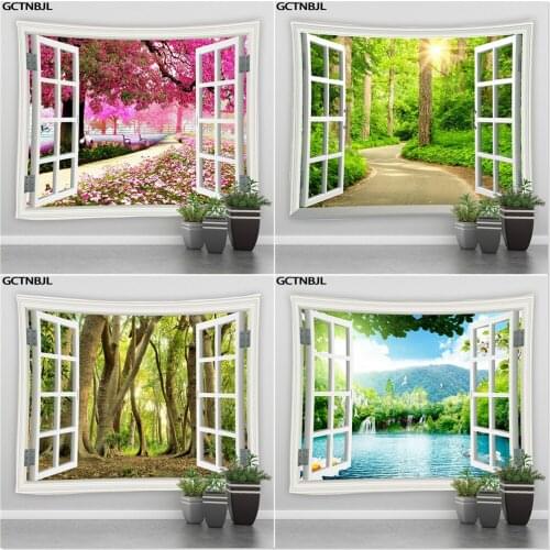 Landscape Wall Hanging Tapestry Natural Scenery Forest Trees Waterfall Living Room Bedroom Carpet Tapestries Bohemian Home Decor