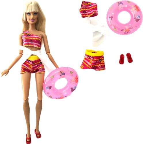 NK 1 Set One-shoulder Split Doll Swimsuit Beach Swimsuit + Slippers + Swimming Buoy Lifebuoy Ring For Barbie Doll Best Gift 7X