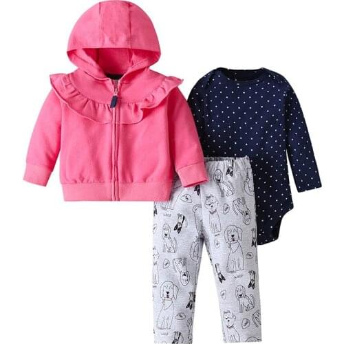 New 3pcs Baby Clothing Set of Hooded Cotton Coat Bodysuit and Pants, Baby Girl Clothes Children Clothing 0-2T