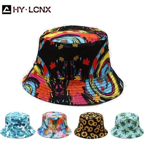New Summer Mens Plant Pattern Printing Big Brim Fisherman Hat Womens Cotton Breathable Outdoor Sports Sun Bucket Hat