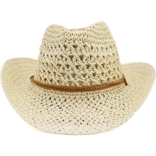 Outdoor Hand Knitting Western Cowboy Cowgirl Hat Straw Summer Hat Womens Sun Hat Hollow Out Beige Women Men Unisex Sunhat