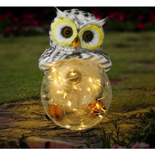 Solar Powered Light Owl Shape Holding Ball 30 LED Stake Lamp Resin Bird Sculptures Garden Courtyard Pathway Lawn Yard Lighting