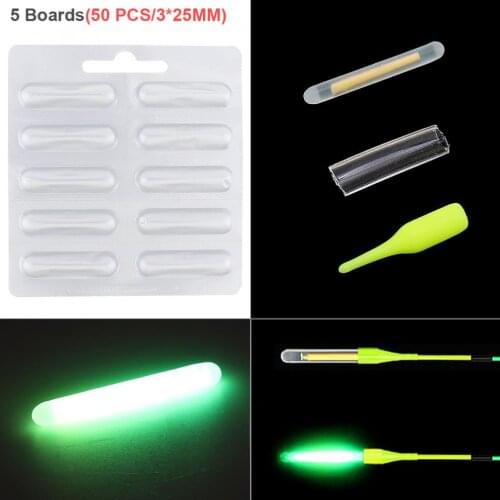 50pcs/lot 3 x 25mm Luminous Float Glowing Fluorescent Fishing Light Visibility 15m 49ft with Lightproof Light-tight Packaging