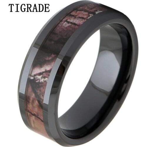 TIGRADE 8mm Black Ceramic Ring Women Camo Inlay Wedding Bands Engagement Rings For Men Fashion Finger Female Jewelry