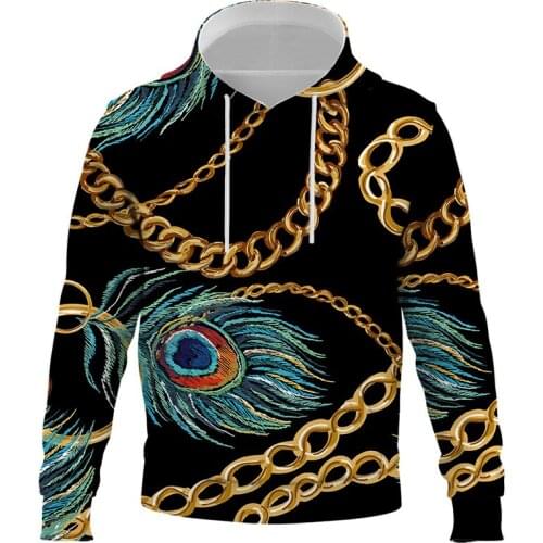 New 3D Peacock feather gold chain Print Cartoon Casual Men Women Hoodie 2021 Fashion Funny Cosplay Costume Streetwear Sweatshirt