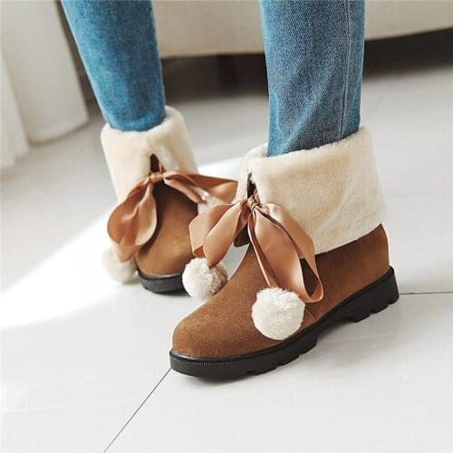 YMECHIC 2018 Lolita Girls Shoes Butterfly-knot Faux Fur Design Women Winter Shoes Snow Boots Plus Size Red Black Ankle Booties