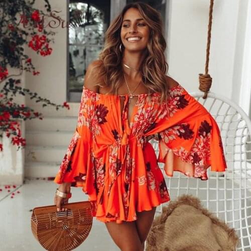 ArtSu Bohemian Flare Sleeve Lace Up Holiday Casual Playsuit Women Off Shoulder Sexy Floral Print Summer Short Jumpsuit Rompers