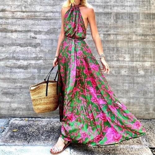 2021 Bohemian Dress Summer New Womens Hanging neck sexy backless Printed Dress Long Sleeveless Dresses Vestidos Female BC166