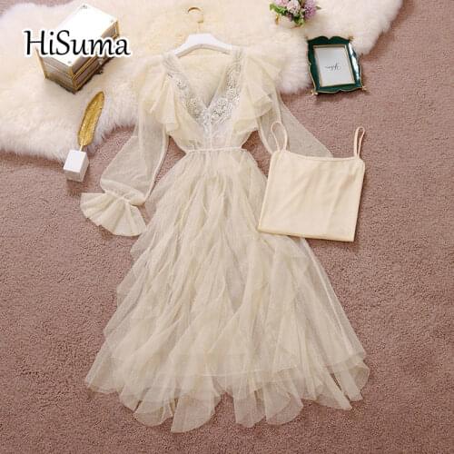 2021 summer new women V-neck beading flare sleeve ruffles mesh A-line dress female Chic elegant waist two piece dresses