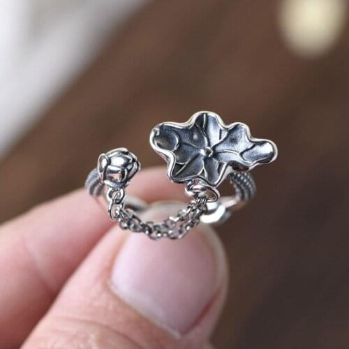 FNJ 925 Silver Ring Leaf Lotus 100% Original Pure S925 Sterling Silver Rings for Women Jewelry Open Adjustable Size