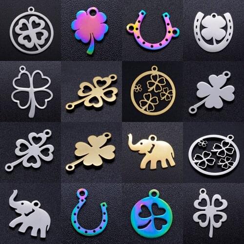 5pcs/lot Lucky Symbol Four Heart Flower DIY Charms Wholesale 100% Stainless Steel Horseshoe Pendant Elephant Connectors Charm