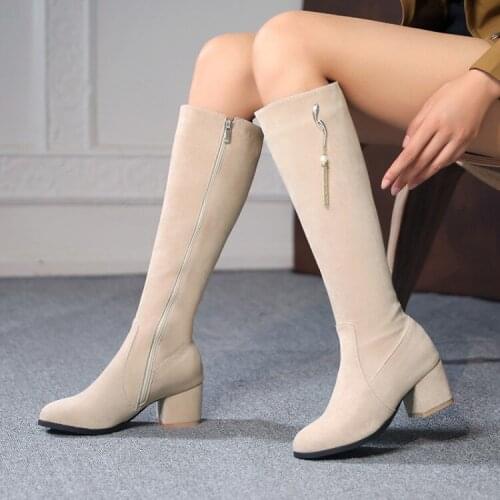 Aw20 new style womens boots thick heel Mid Heel round toe womens Shoes Black Suede knee high elastic boots