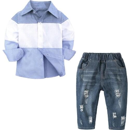Childrens clothing, boys' long-sleeved top, ripped denim suit, male treasure two-piece suit