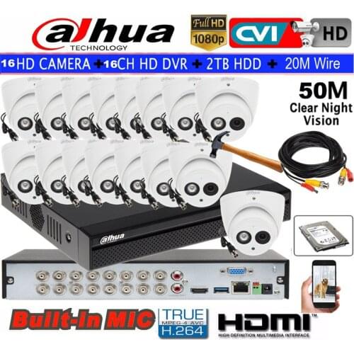 Dahua 2MP IR50M HD CVI camera Built-inMic HAC-HDW1200EMP-A waterprof camera 16CH HCVR5116HS-S3 Dome camera kit HDD with 20m wire