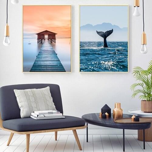Modern Sunset Over The Seaside Wooden Bridge Whale Tail Poster Landscape Canvas Painting Picture Print For Home Wall Art Decor