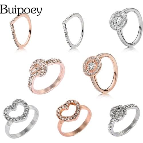 Buipoey Silver Color Plated Crystal Heart Ring Circle Round Finger Stackable Rhinestone Ring For Women Men Jewelry Gifts