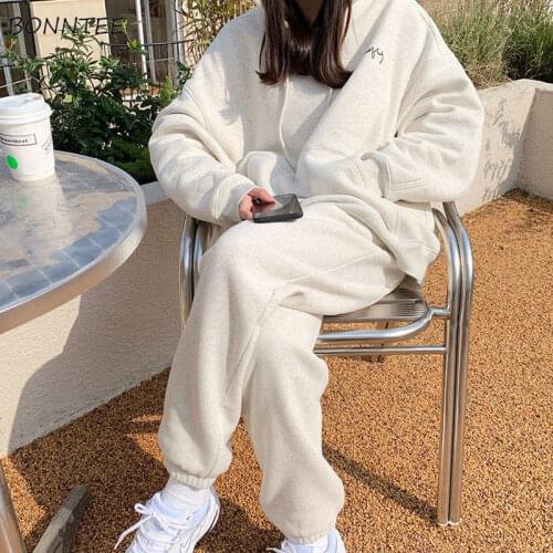 Sets Women Print Two Pieces Sweatpants Hooded Female BF Pocket Korean Style Activewear Spring Chic Loose Cozy Ulzzang Hoodies