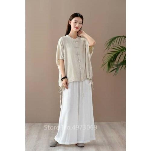 Vintage Linen Tang Suit for Women Traditional Chinese Style Kung Fu Uniform Loose Cardigan Shirt Wide Leg Yoga Pants Tai Chi Set