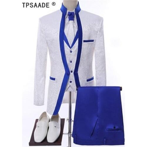 Fashion Blazer suit with pattern Blue terim Mandarin Collar 3 Piece Wedding Suits Business Men suit