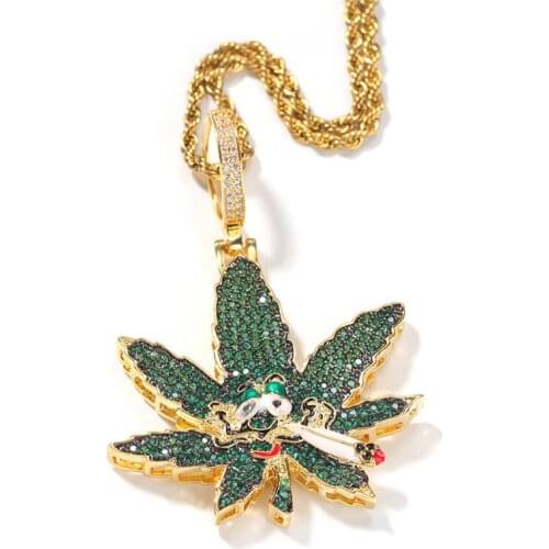 Trendy Hip Hop Iced Out Hemp Leaf Pendant Pave AAA Zircon Smoking Skull Charm Necklace For Women Men Gifts Jewelry