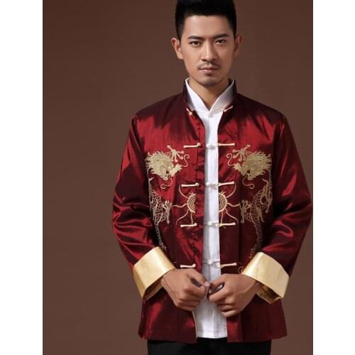 Men Chinese Style Traditional Dragon Embroidery Tops Tang Suit Jackets Kung Fu Tai Chi Loose Blouse Shirts Oriental Clothing
