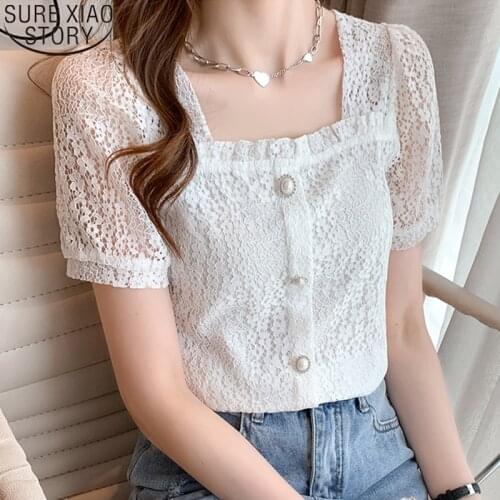 2021 Summer New Short Sleeve Lace Hollow Out Tops Sweet Lace Blouse Women Tops Elegant Square Collar White Blouse Blusas 14409