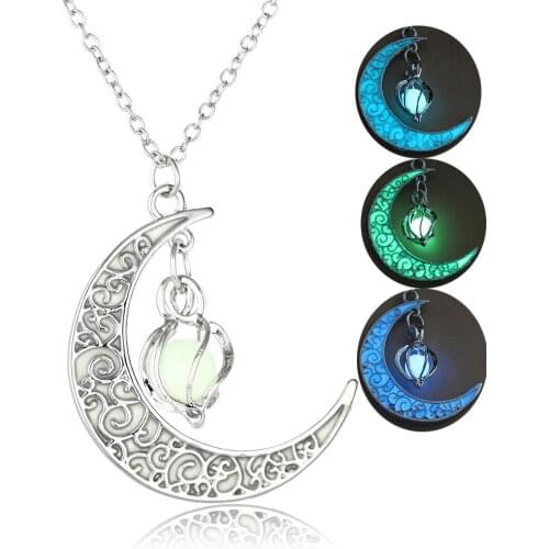 Trendy Wholesale Hollow Spiral Moon Luminous Pendant Necklace Pumpkin Pendant Luminous Bead Necklace Love Woman Jewelry Gift