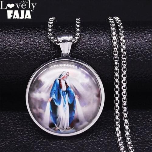Stainless Steel Glass Christian Jesus Virgin Necklaces Men/Women Silver Color Religion Round Jewelry collares N5232S03