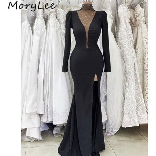 Prom Dresses Long Sleeves Floor Length Side Slit Silk Satin Crystal Mermaid Prom Dresses With Zipper vestidos de fiesta de noche