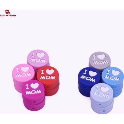 50 Pcs I love Mom Dad Silicone Beads Flat Round Teething Beads Toys For Toddlers Silicone Nursing Material Baby Beads BPA Free