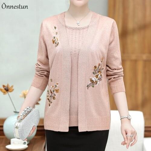 Fake Two Pieces Sets Sweater Women Autumn Long Sleeve Mother Sweater Pullover Plus Size Embroidery Sweater For Women