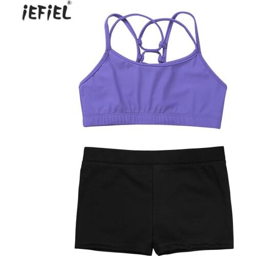 Girls Criss Cross Back Tanks Top Spaghetti Straps Kids Clothes Set Activewear Dance Shorts Dance Stage Workout Clothes Set