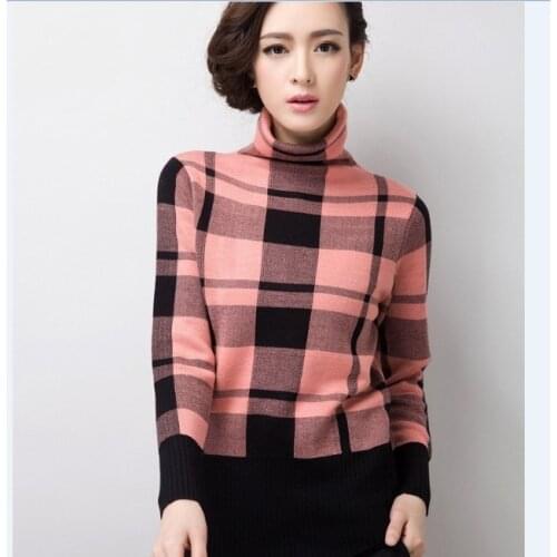 High Quality Winter Womens Turtleneck Plaid Sweater Ladies Fashion Striped High Collar Thick Warm Sweaters Pullovers
