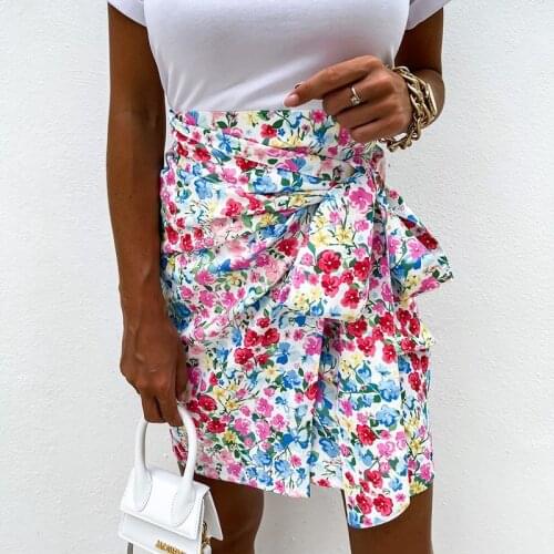 Summer Spring Floral Print Leopard Bow Bodycon Wrap Skirts Womens Casual A-Line Mini Skirt High Waist Elegant Lady Skirts 2021