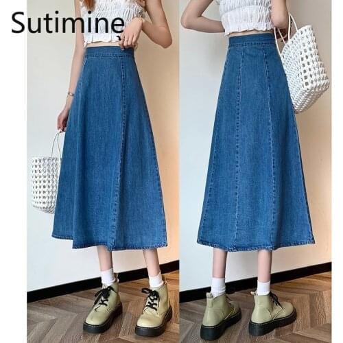 Sutimine Fashion Women Denim High Waist A Line Skirt Blue Mid Length Denim Skirt Korean Fashion Dropshipping Wholesale